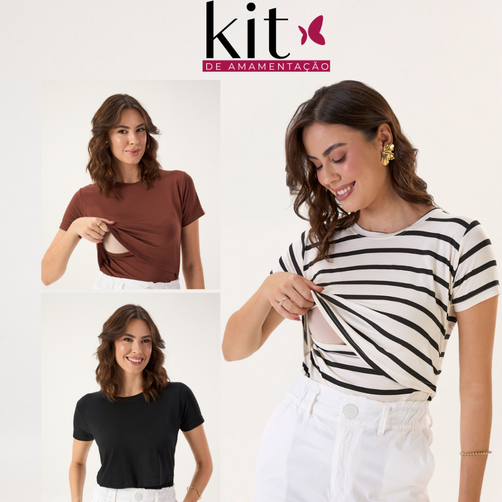 KIT 3 BLUSAS DE AMAMENTAÇÃO CORES: PRETA- MARROM- LISTRADA PRETA, CONFORTAVEL TECIDO PREMIUM PÓS PARTO