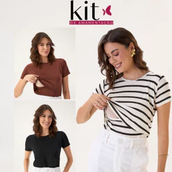 KIT 3 BLUSAS DE AMAMENTAÇÃO CORES: PRETA- MARROM- LISTRADA PRETA, CONFORTAVEL TECIDO PREMIUM PÓS PARTO
