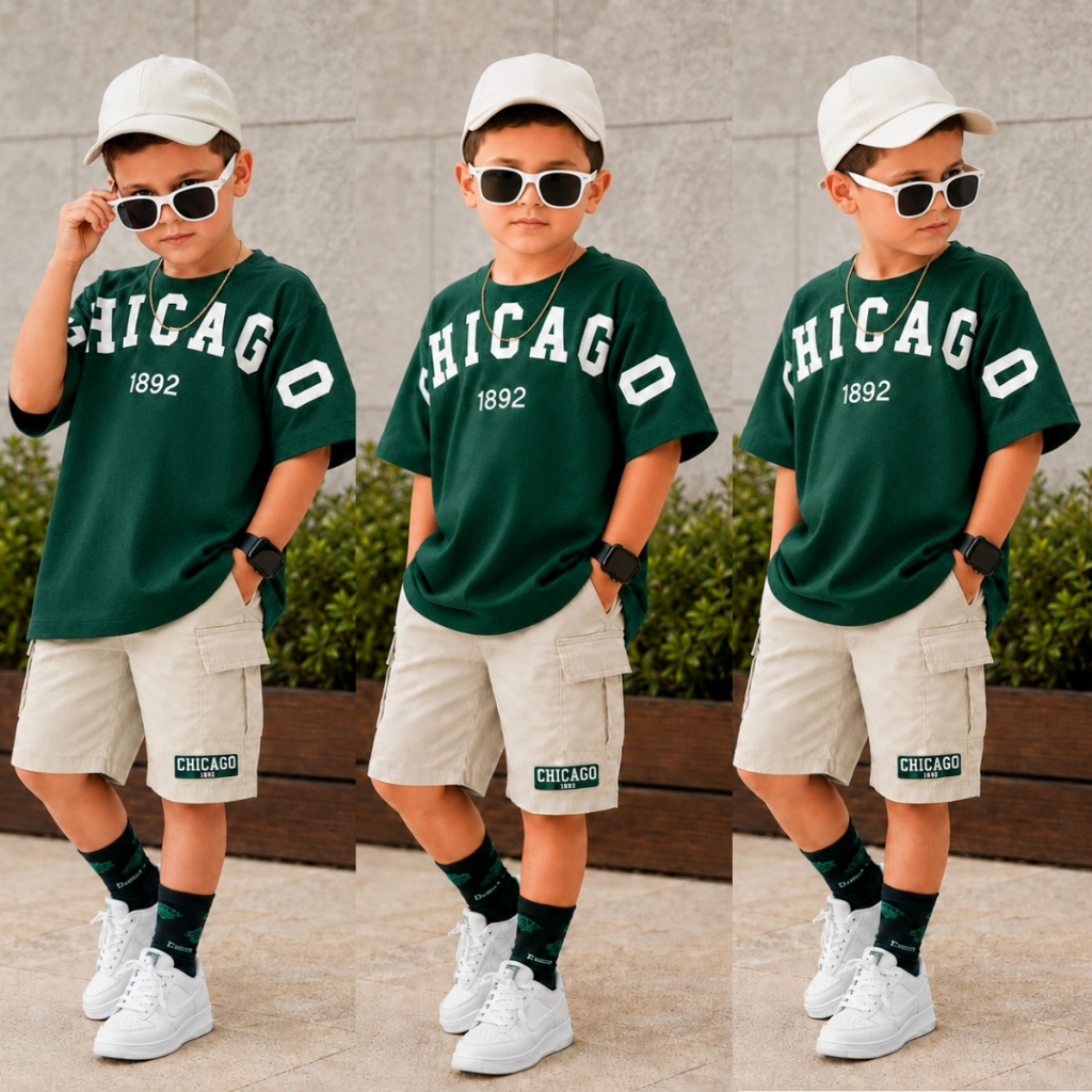 Conjunto Infantil Masculino KIWI— Camiseta Chicago Algodão + Bermuda Cargo Branca - Conjunto 2 peças infantil - roupa