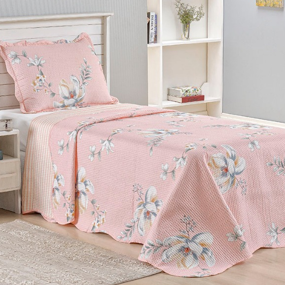 Kit Cobre Leito Colcha Solteiro Bouti 2 Peças Dupla Face Estampada Porta Travesseiro Aba Americana