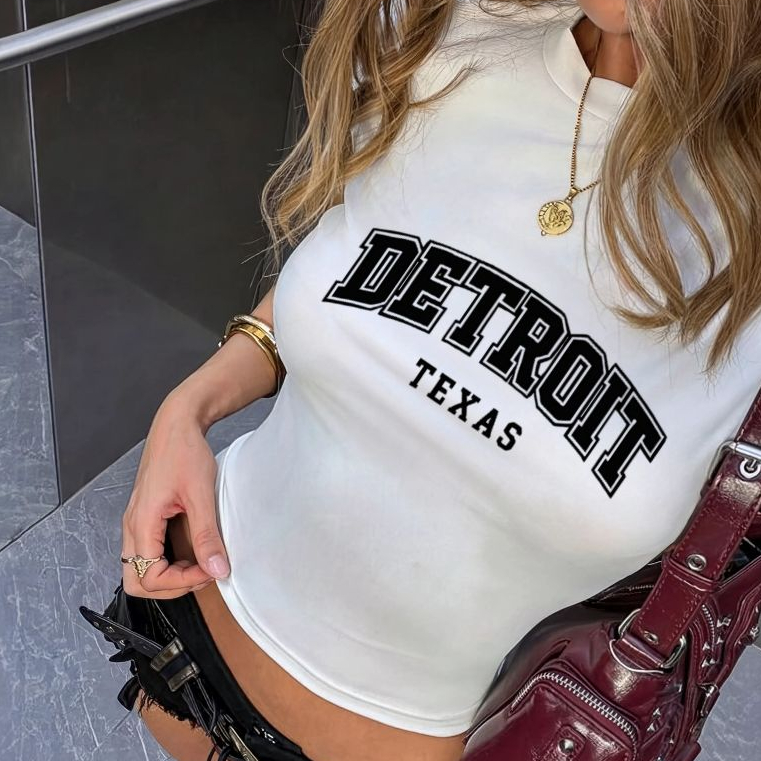 Camiseta Babylook Babytee Slim Fit Manga Curta Elastano Estilosa lançamento estampada DETROIT TEXAS