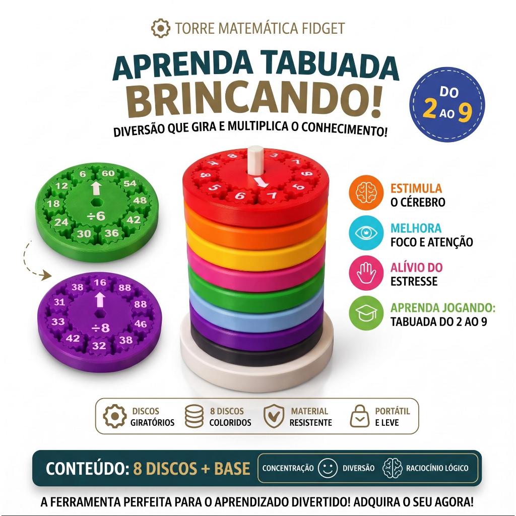 Torre Tabuada Matemática Giratória Brinquedo Educativo Sensorial Montessori