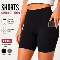 Shorts Feminino com Bolso Lateral Suplex Cintura Alta Fitness Academia Corrida P ao G3
