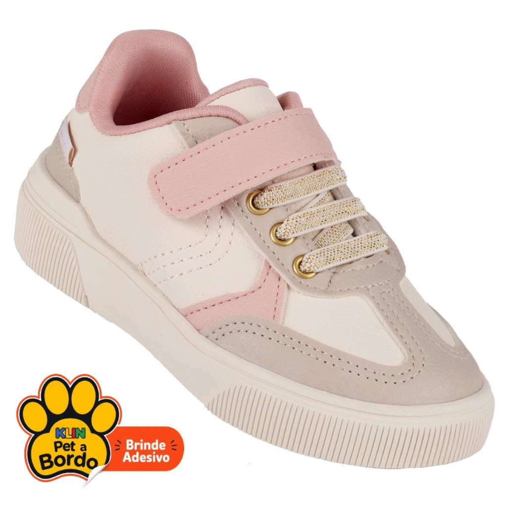 Tênis Infantil Menina Klin Sky Casual com Elástico e Tira Aderente - Off White/Rosa