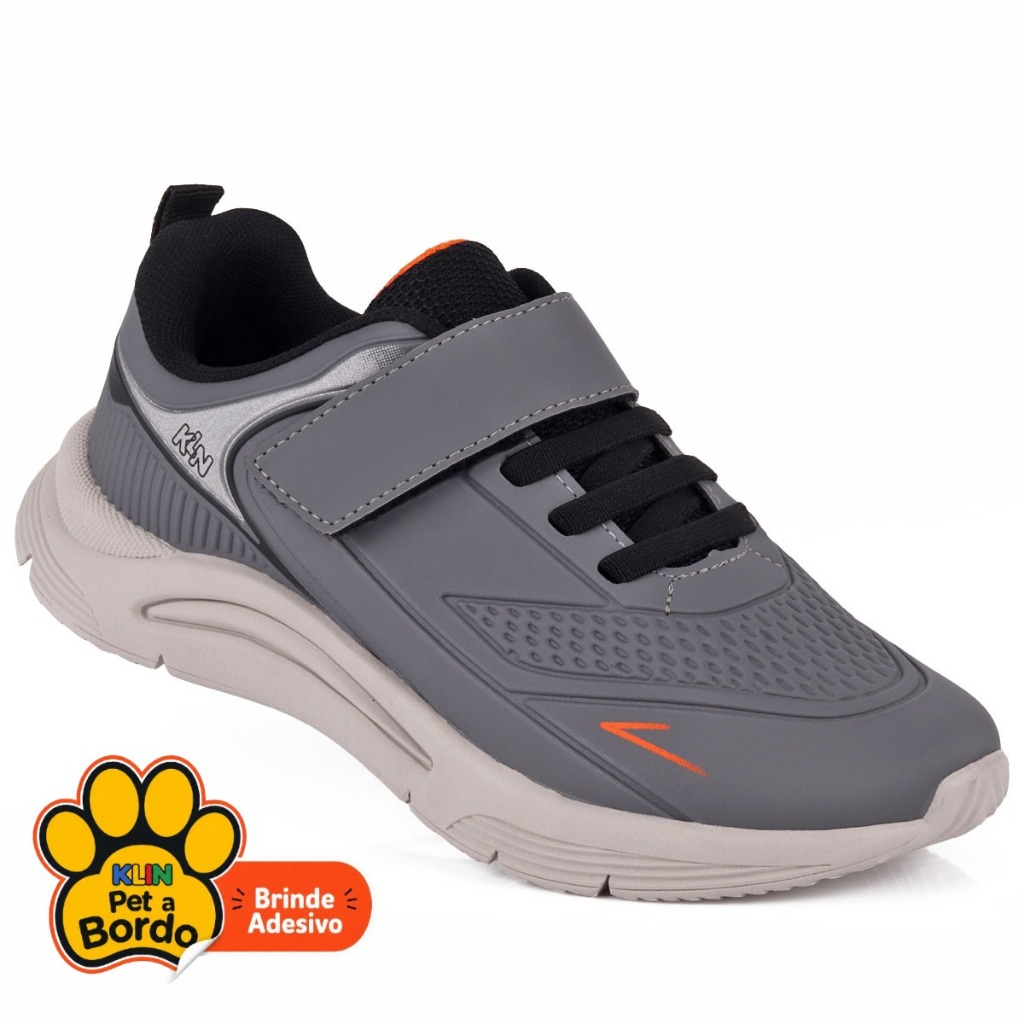 Tênis Infantil Klin New Sport Cinza Calce Fácil com Elástico e Velcro - Grafite