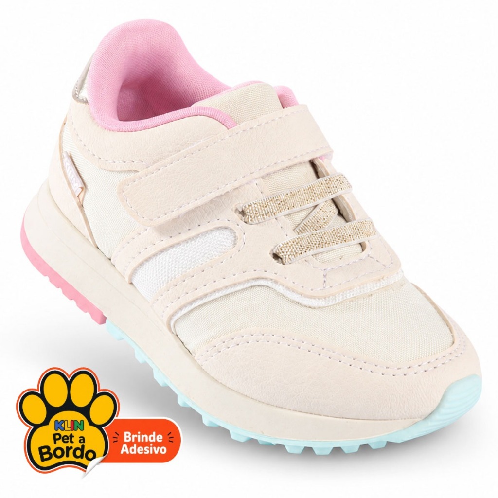 Tênis Infantil Feminino Klin Walk Esportivo Retro Calce Fácil Elástico e Velcro Off-White