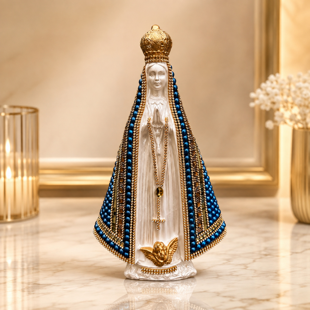 Imagem de Nossa Senhora Aparecida 34m de pérolas e strass em gesso azul e branca Italiana!