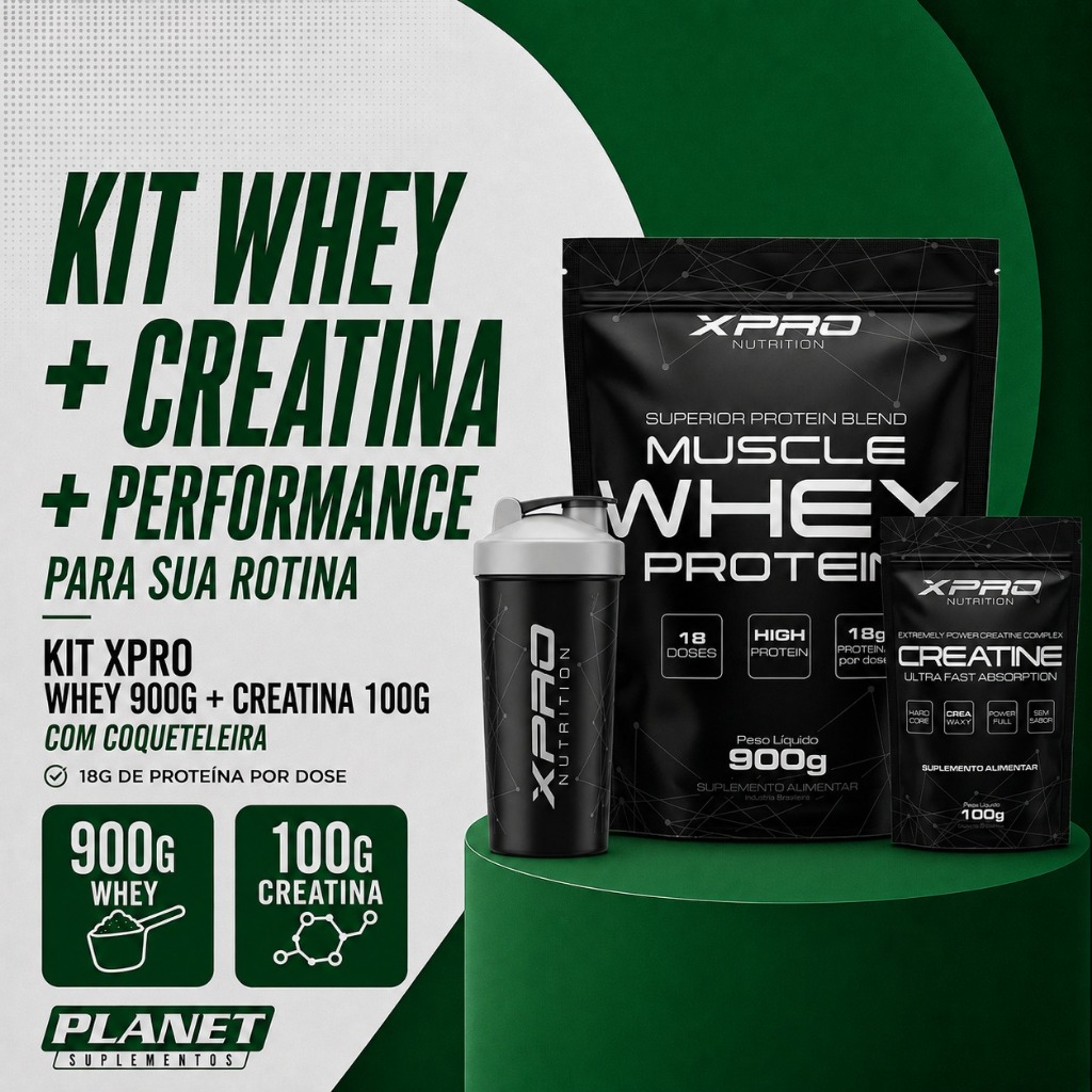 Kit Whey Protein 900g + Creatina 100g Proteína BCAA Massa Muscular Brinde Grátis