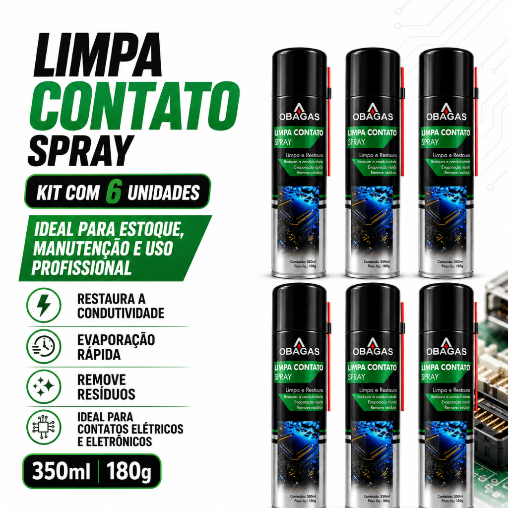 KIT 6 Limpa Contato 180g 350ml lta Eficiencia Conectores Elétricos, Placas Eletrônicas, Reles e Terminais, Painéis e C
