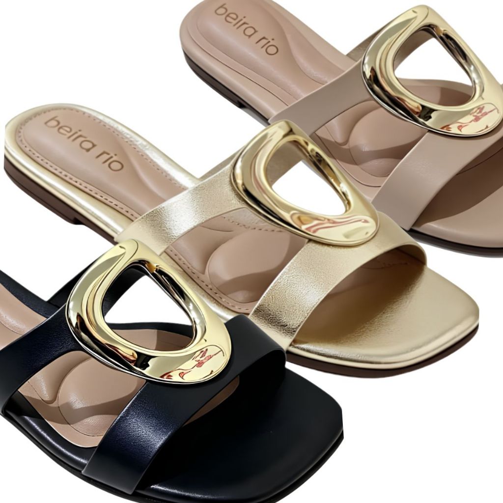 Sandália Feminina Rasteira Beira Rio Casual 8560.101 Detalhe Metalizado Confortável