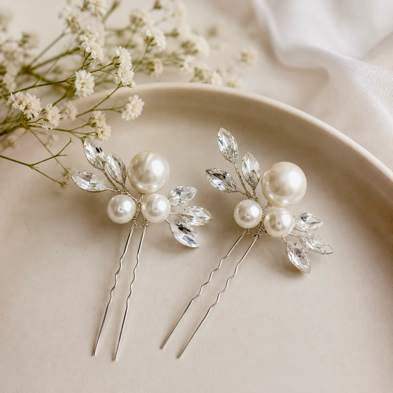 Conjunto de Grampos de Noiva Charlotte Prata com Cristais e Pérolas
