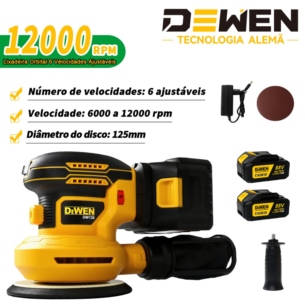 Lixadeira Orbital DeWEN 6 Velocidades Ajustáveis 6000-12000 RPM Disco 125mm Sem Fio Potência 88V para Madeira e Metais