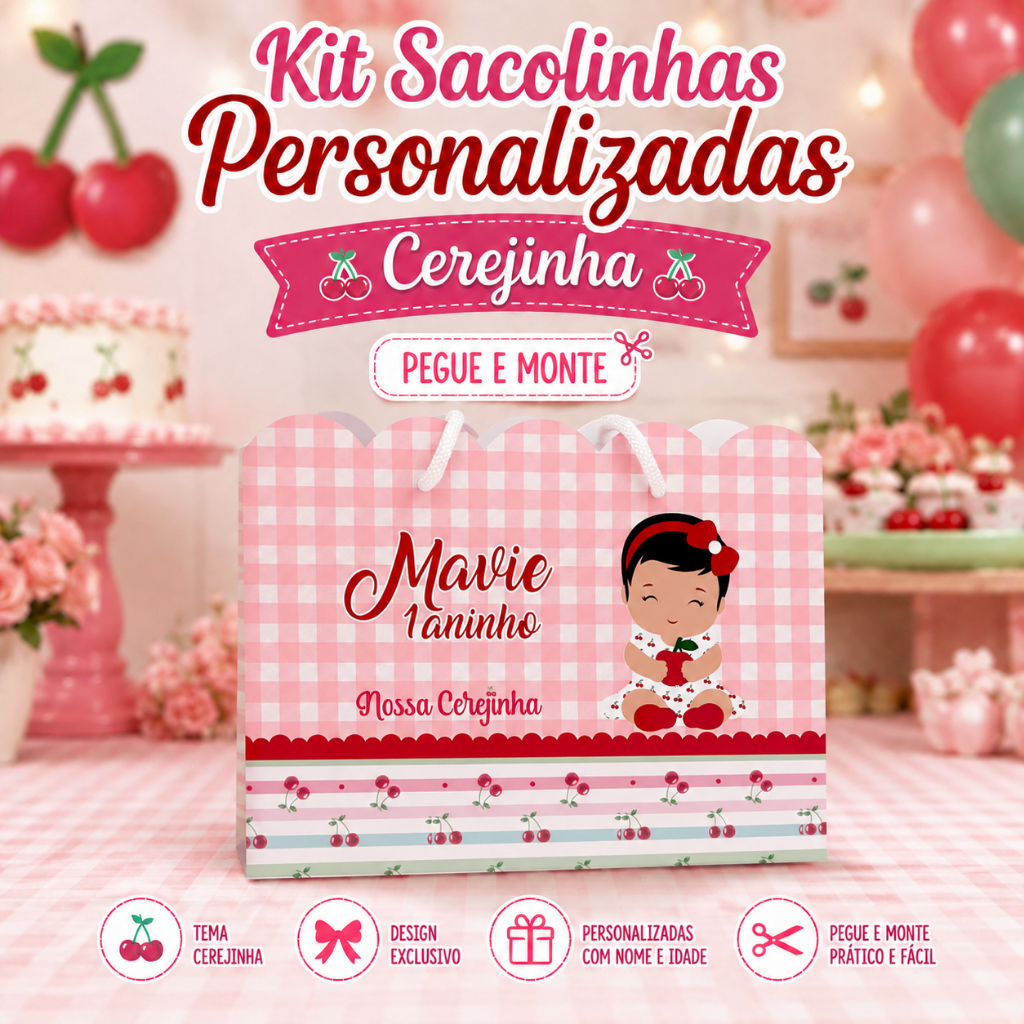 Sacolinha Personalizada CEREJINHA ROSA Infantil Lembrancinha Aniversário com Nome e Idade Festa