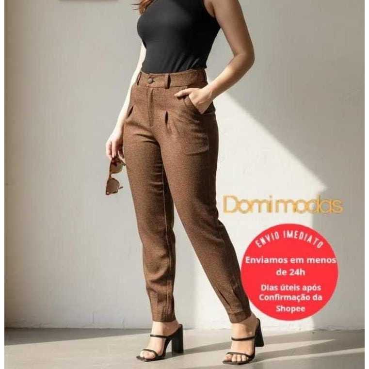 Domi Modas Calça Linho Estilo Cenoura Bolsos Laterais com Zíperes nas Pernas 8449