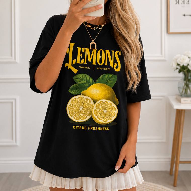 Camiseta Camisa T-shirt Oversized Feminina 100% Algodão Moda Feminina Estilosa Confortável Frutas Tropicais