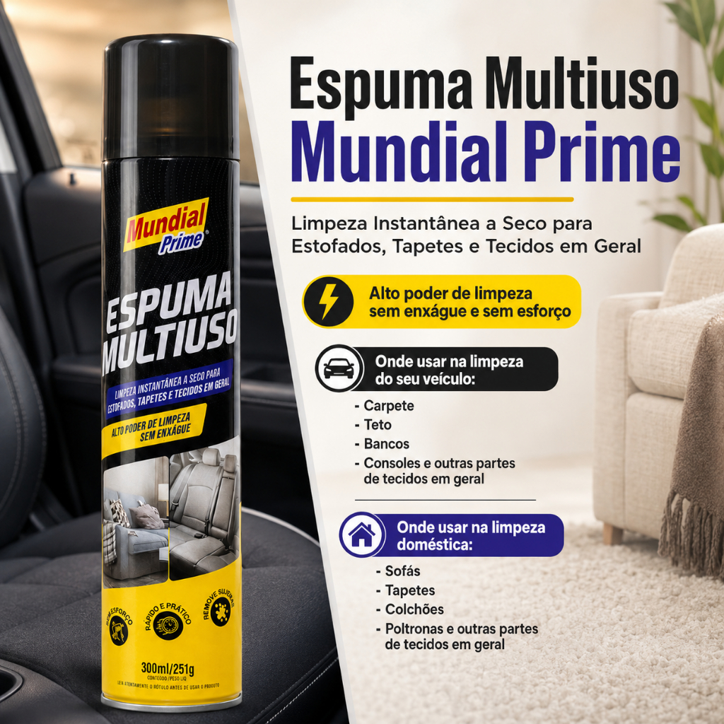 Espuma Multiuso Limpeza a Seco Mundial Prime para Carros Estofados Tapetes Tecidos 300ml
