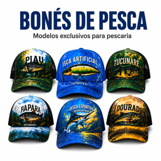 Boné Pesca Esportiva Estampado em 3d Trucker Ajustável – Vários Modelos de Peixes