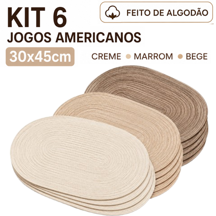 Conjunto 6 Peças Jogo Americano 45X30CM Pratico Para Mesa Oval Algodão Descanso Para Pratos