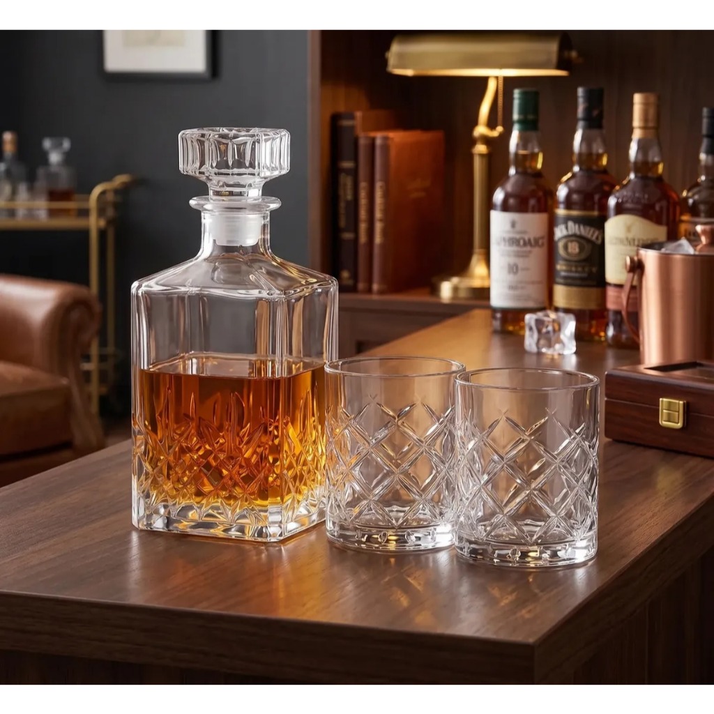 Kit Licoreira Garrafa Vidro 1L Com 2 Copos 220ml Whisky Decanter Para Bar Casa Bar Premium Uisque.