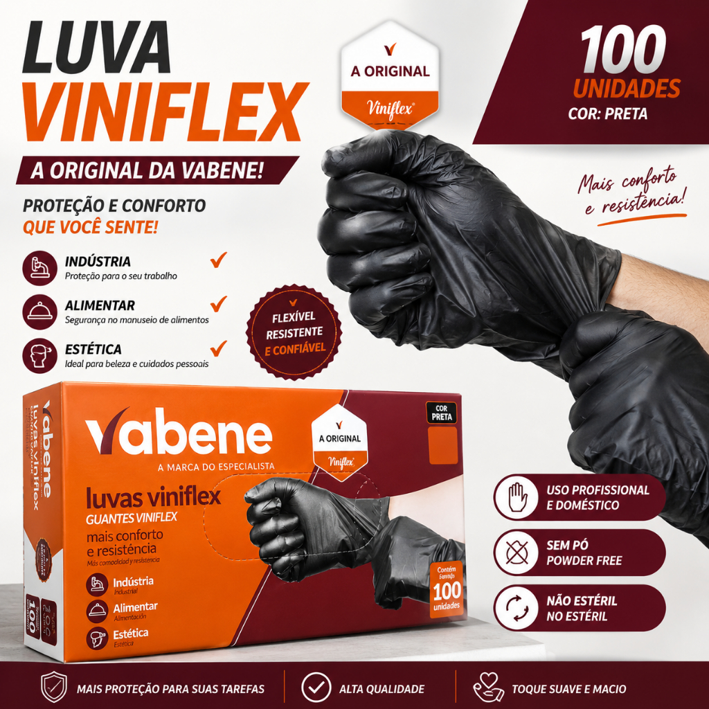 Luva descartável viniflex sem pó TPE 100 Unidades | Alta Resistência Cuidado Limpeza Alimentos Preta