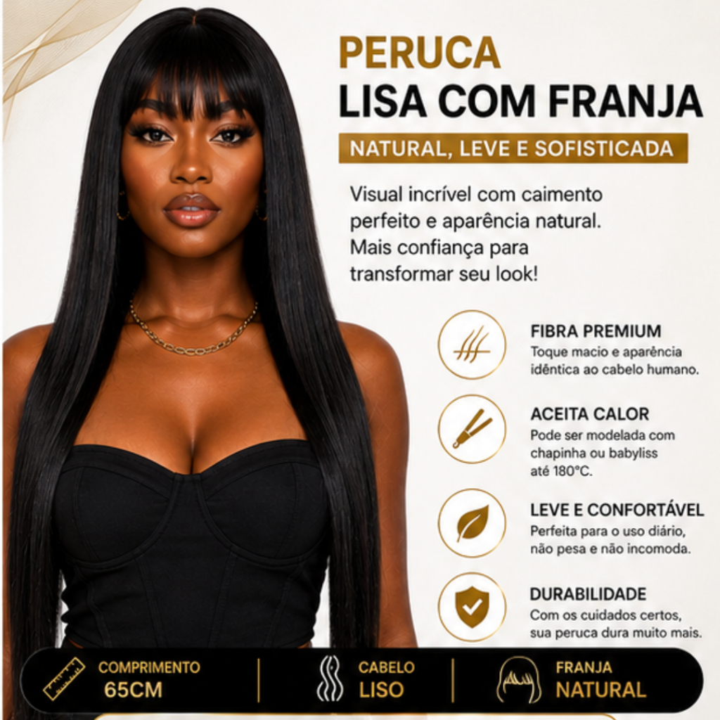 Peruca Orgânica Semelhante ao Cabelo Humano Lisa Franja Castanho Escuro
