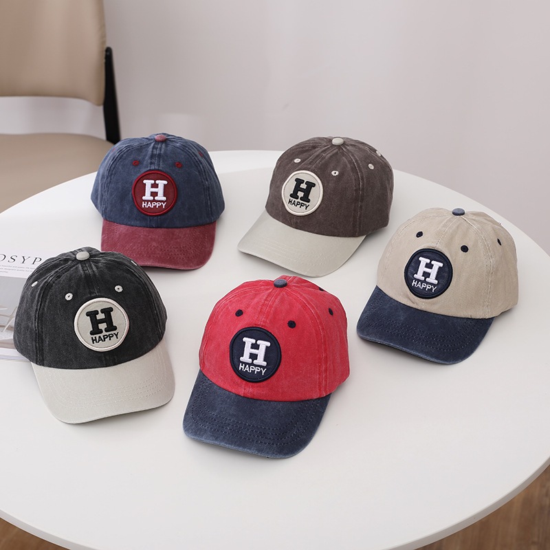 Boné Infantil Beisebol Vintage Lavado Patch H HAPPY Bordado Ajustável Proteção Solar Menino Menina Aba Bicolor