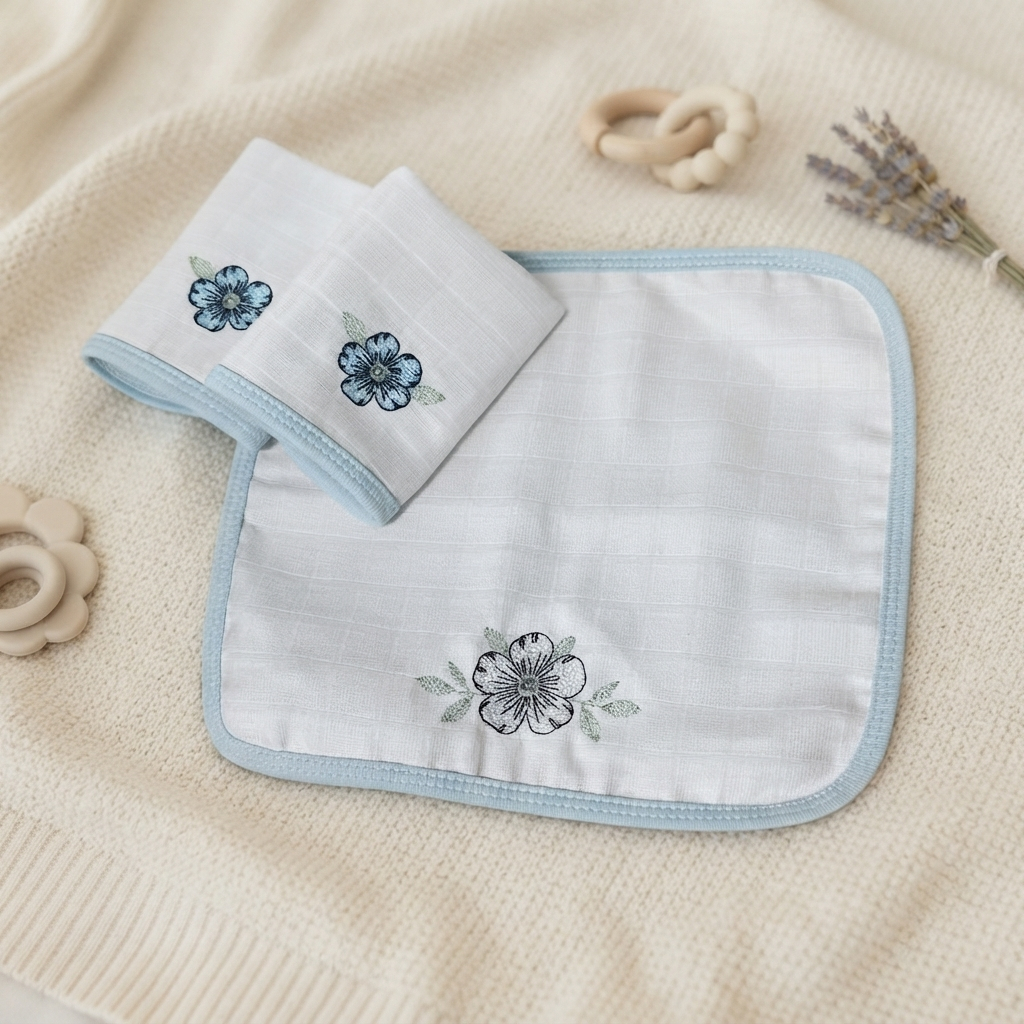 Fraldas de Boca Bebê Menina Kit 3 Peças Flores Azul Bordadas 100% Algodão Macias Premium Luxo