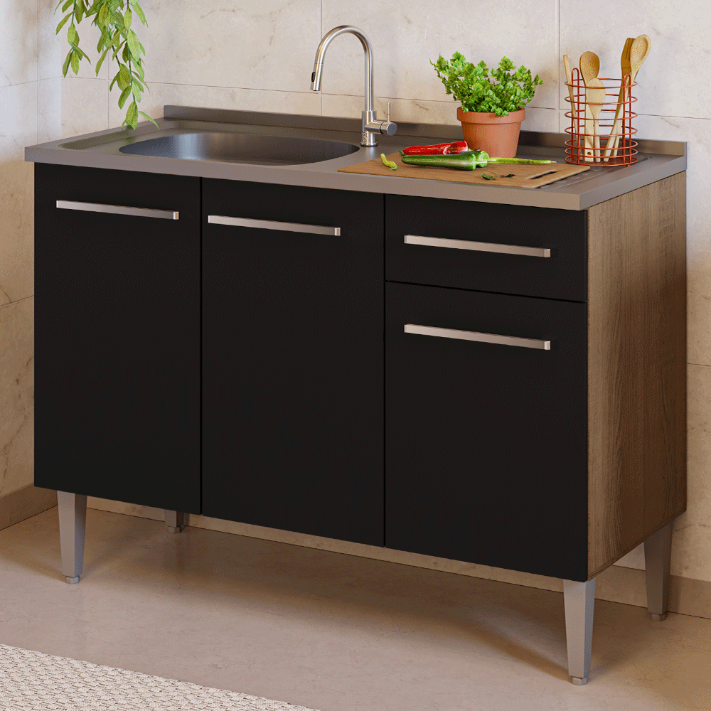 Balcão Gabinete com Pia Armário de Cozinha 3 Portas e 1 Gaveta 105cm Rustic/Preto Emilly Madesa