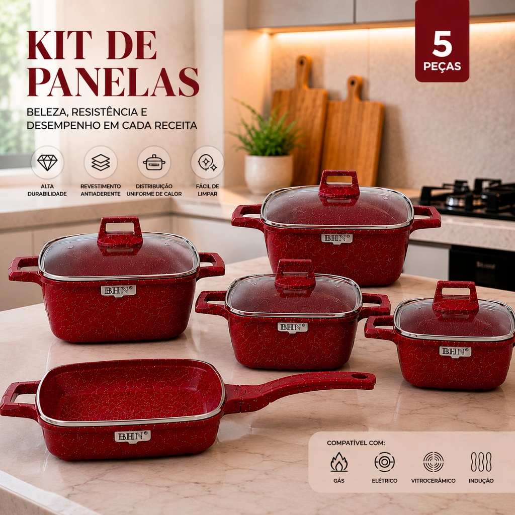 Kit Jogo de 5 Panelas Antiaderente Cerâmica Fundo de Indução Tampa de Vidro + Utensílios Cozinha