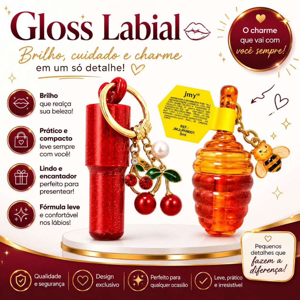 Brilho Gloss Labial Chocolate, Mel, Cereja com Chaveiro Hidratante e Boca Espelhada. 5 ML E 10 ML