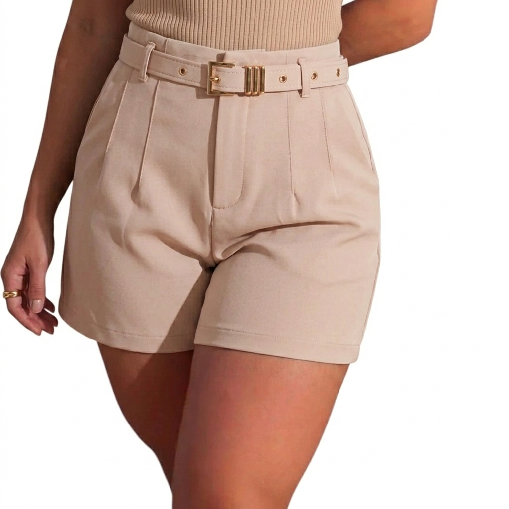 Short Feminino Alfaiataria com Bolsos Cinto Encapado Social Premium Fivela Dourada Cintura Alta