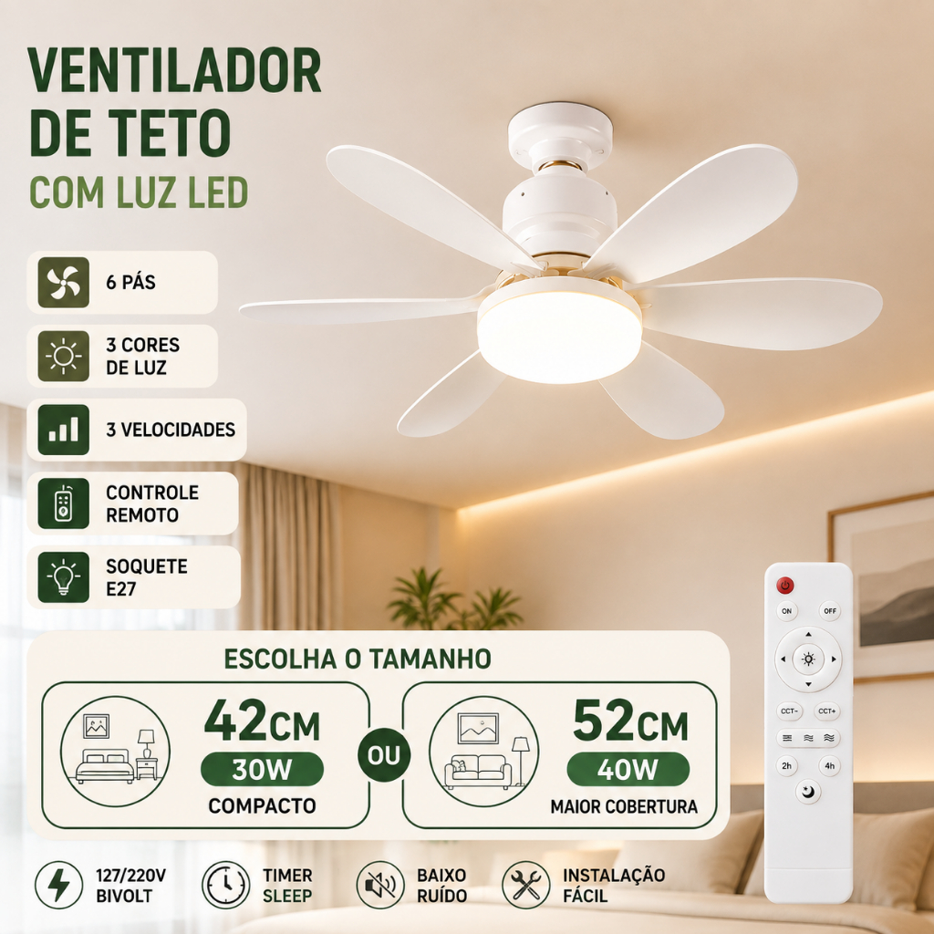 Ventilador de Teto com Luz LED 42cm ou 52cm, 6 Pás, Soquete E27, Controle Remoto, 3 Cores e 3 Velocidades Bivolt