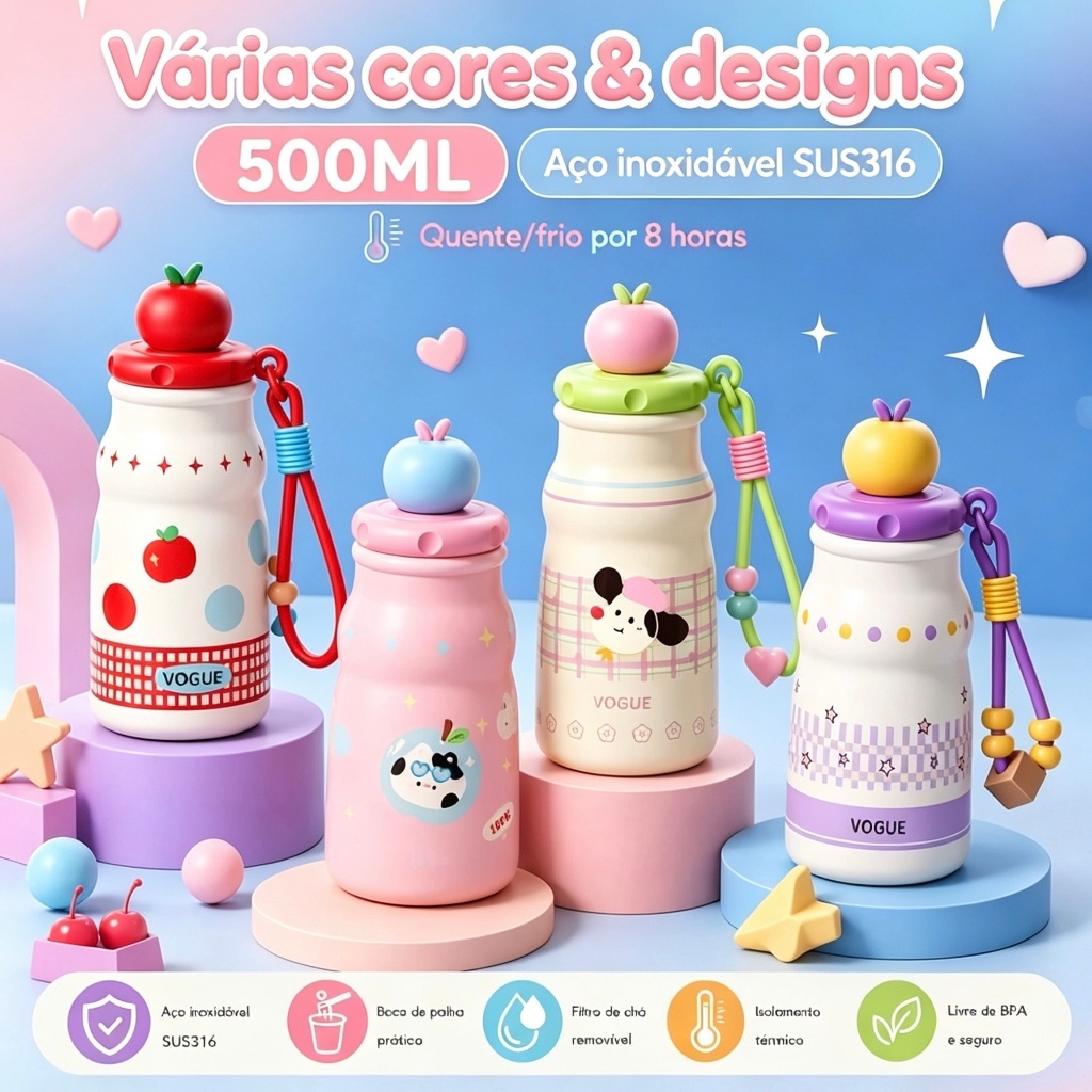 Garrafa Térmica 500ml Aço Inox SUS316 com Filtro de Chá e Cordão, Mini Portátil