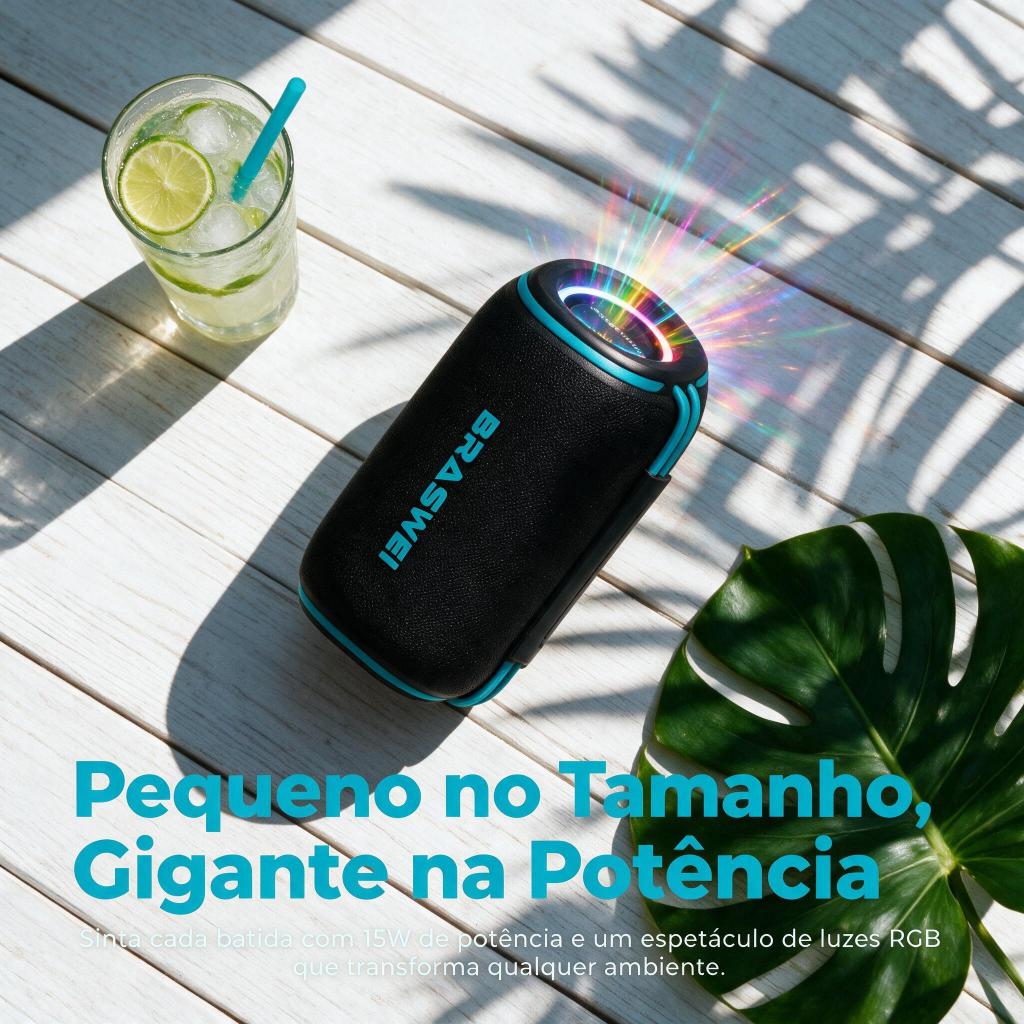 Caixa de Som Bluetooth 15W Portátil Recarregável com LED RGB Multicolor para Casa Festa BRASWEI BT681