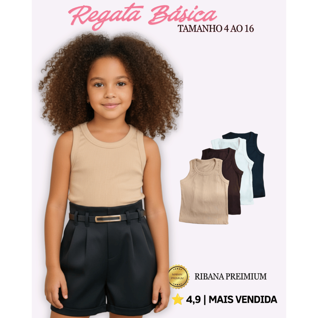 Regata básica infantil e juvenil em ribana Feminina | Macia e Confortável | 8 a 16