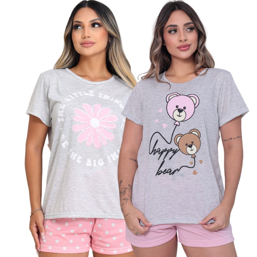 Kit 2 Pijama Feminino Aconchegante Baby Doll Pijaminha Manga Curta Fresquinho Verão Calor Leve Charmoso