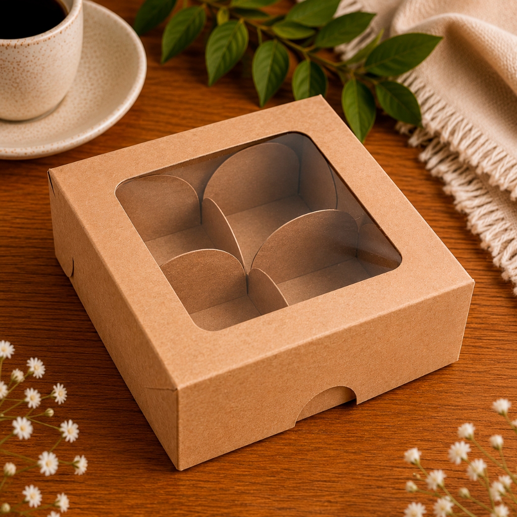 Caixas de papel Kraft com Visor tamanho 8x8 cm e Forminhas Pétalas. Ideal para 4 doces gourmet, brigadeiros, etc