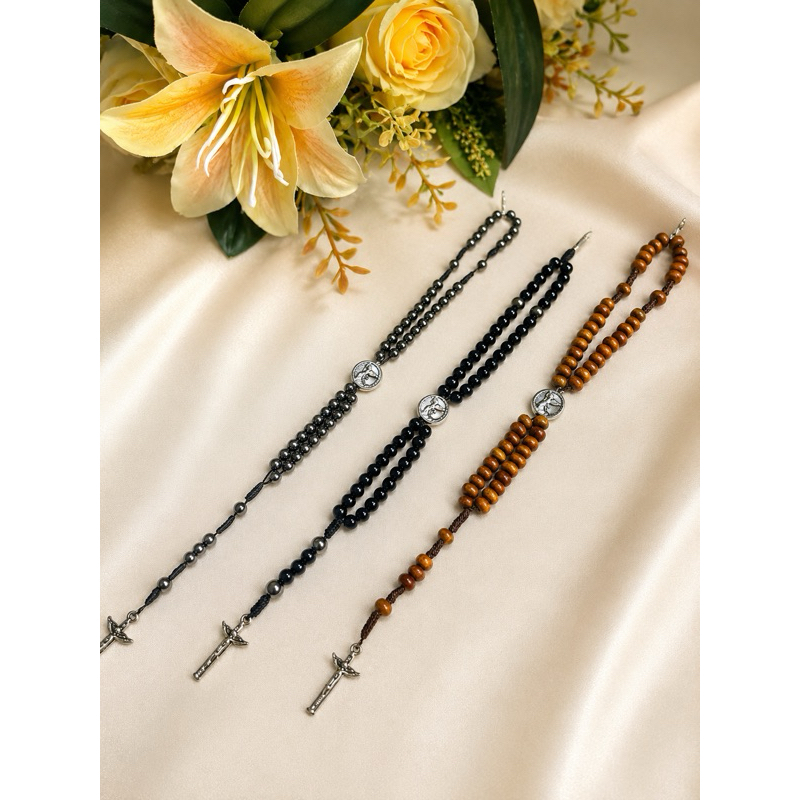 Kit 3 Terços de Pulso São Miguel Arcanjo | Hematita, Preto e Amadeirado 13cm | Pulseira Religiosa Católica.