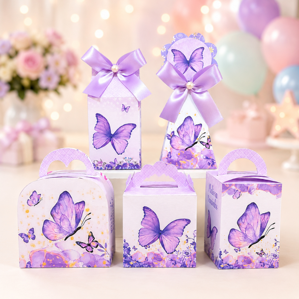 Kit Festa Borboletas Lilás Personalizado Caixinhas para Lembrancinhas Fácil Montagem Envio Rápido