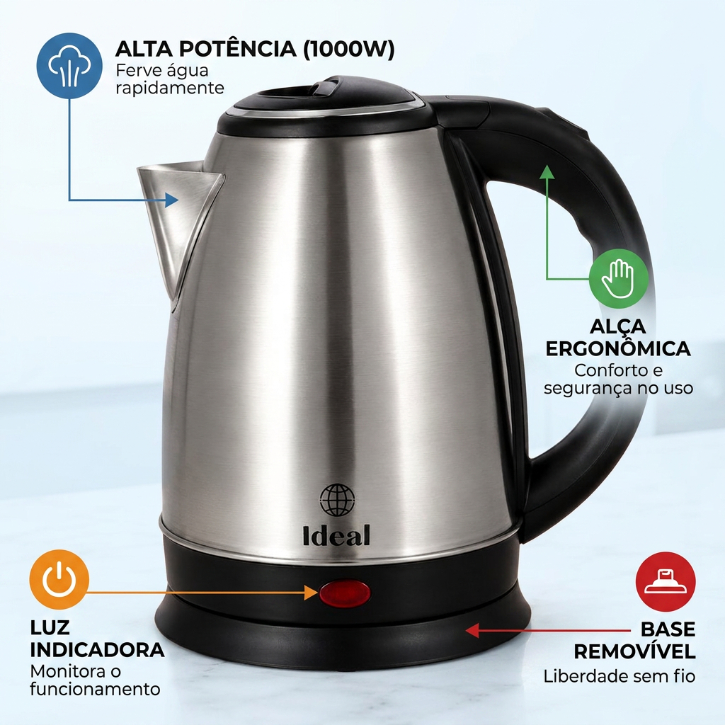 🔥 Chaleira Elétrica Inox 1.8L Potente 110V/220V Oferta Flash - Desligamento Automatico