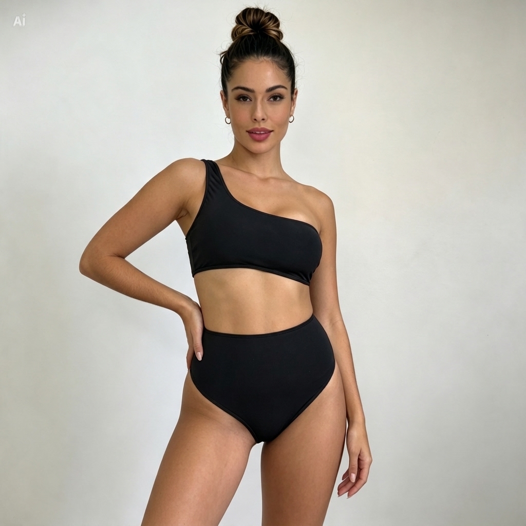 Conjunto Hot Pants Calcinha Cintura Alta e Top Assimétrico Moda Praia e Piscina