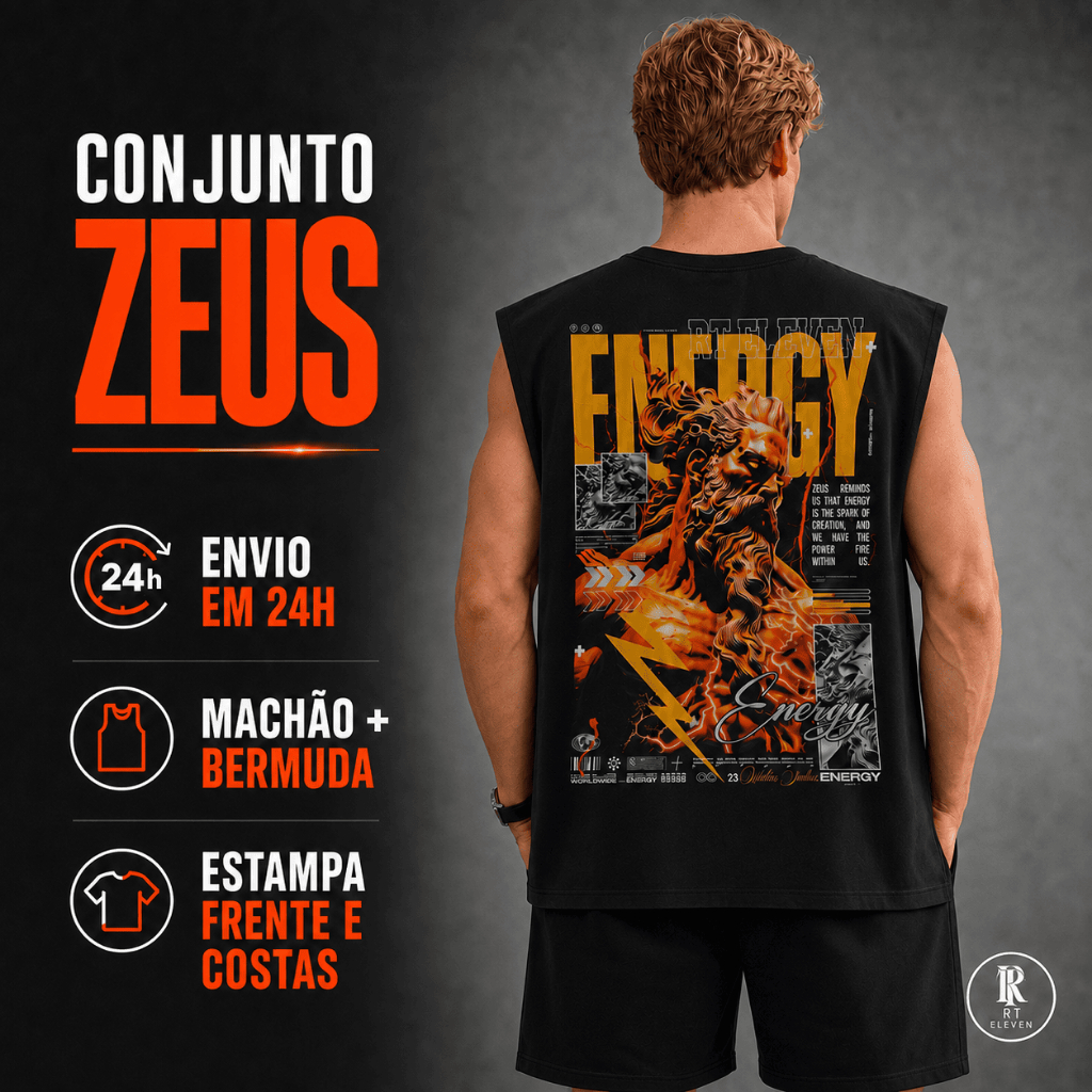 Kit Conjunto Masculino Cavada Machão Oversized e Bermuda Short Moletom Zeus Estampado Streetwear Academia