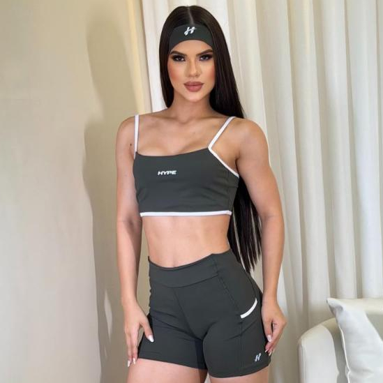 Conjunto Fitness Feminino Poliamida 300 Top Alça com Bojo Removível e Short com Bolso Zero Transparência Academia Treino