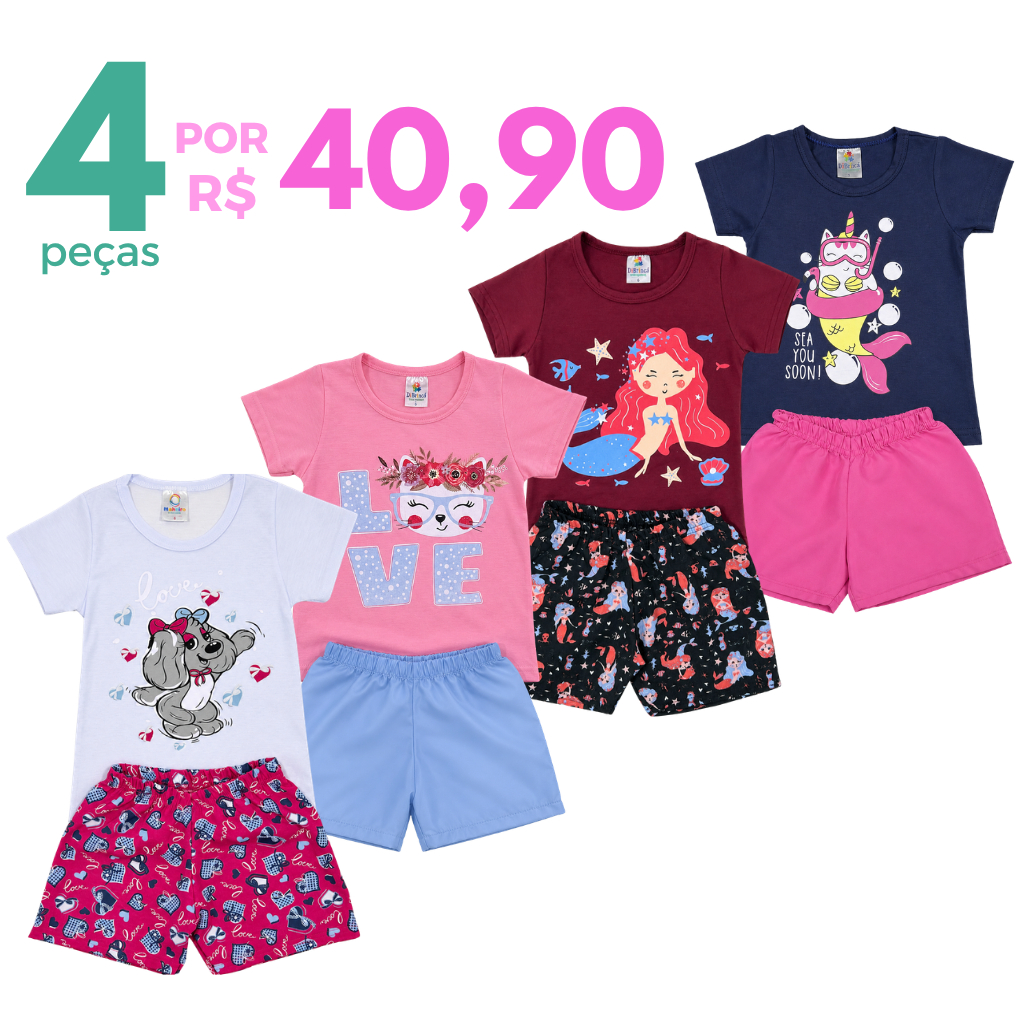 Kit 4 Peças Roupa Infantil Menina Verão Sortidos Estampado Camiseta + Shorts 2 Conjunto