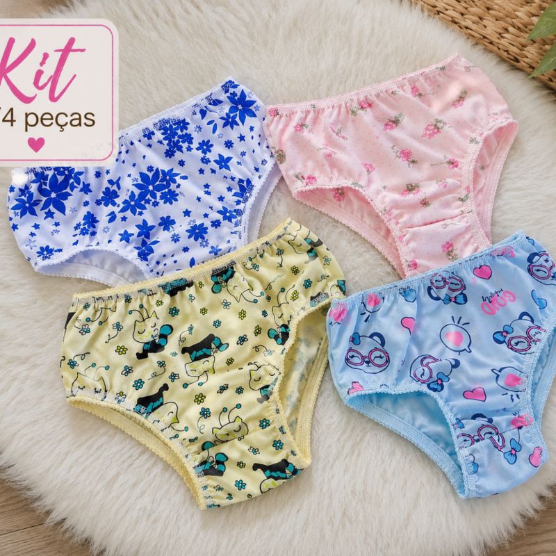 Kit 4 Calcinhas Infantil Algodão Menina Confortável Macia Estampada Tamanhos M e G Conforto