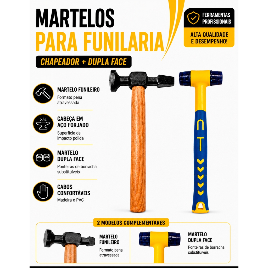 Martelo Funileiro Pena 30cm + Martelo Dupla Face Borracha 24cm para Funilaria e Reparos