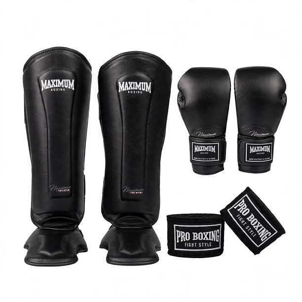 Kit Luva Classic Black + Bandagem E Caneleira Black Maximum