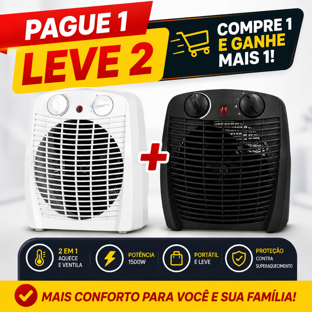 PAGUE 1 LEVE 2! Kit 2 Aquecedores Elétricos Portátil 2 em 1 Aquece e Ventila AQ-100 Kian