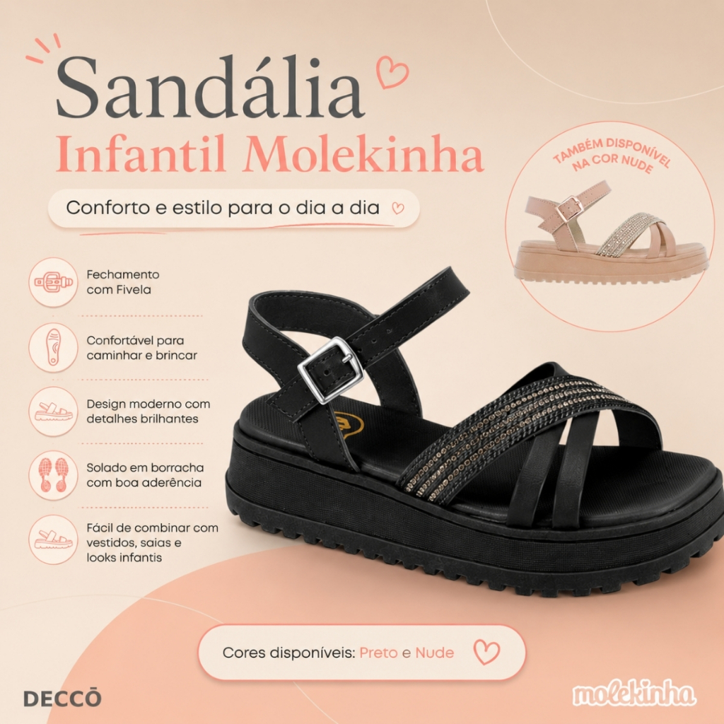 Sandália Infantil Molekinha Feminina Casual Moderna Confortável Com Tiras Sintéticas