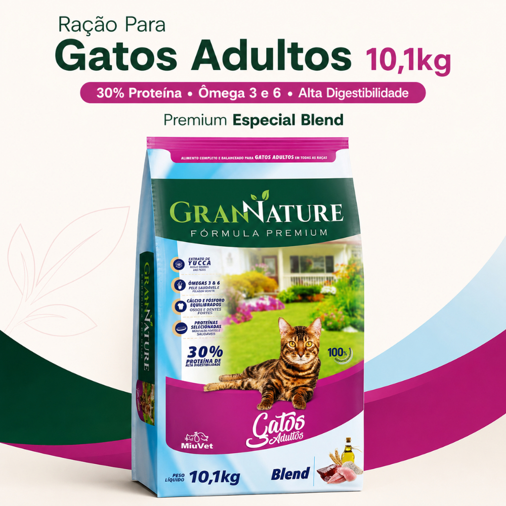 Ração Gran Nature Premium Especial Gatos Adultos 10,1kg 30% Proteína Ômega 3 e 6 Alta Digestibilidade